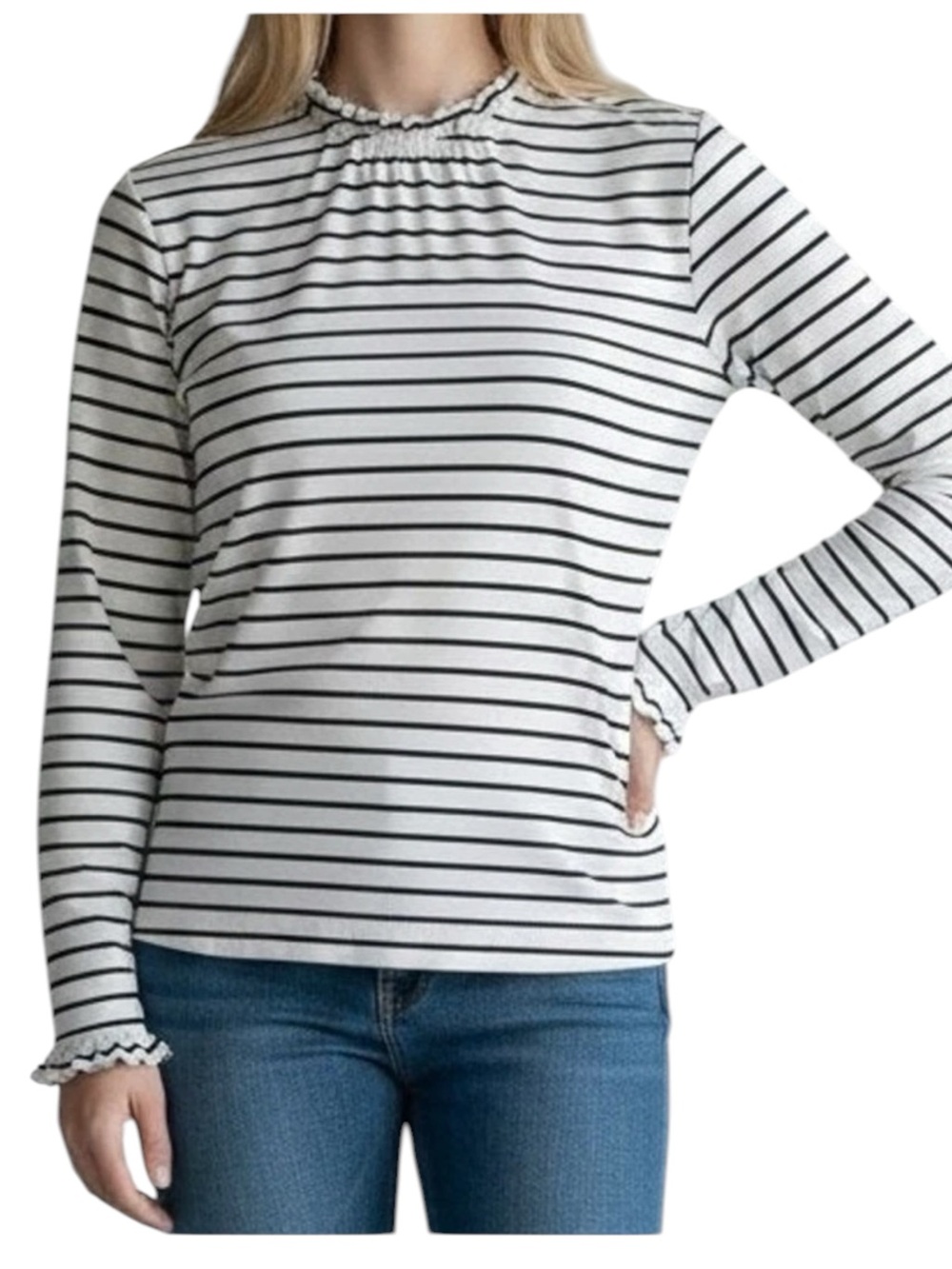 KAILEIGH Black White Striped Ruffle Neck Long Sleeve Top Small Soft Stretch USA